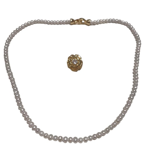 [P0504S] 4-5MM Round Pearl Necklaces With Golden Camellia Clasps